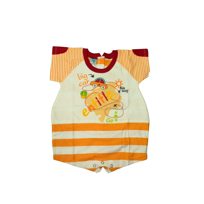Cute Big Car Printed Baby Romper – Orange & White Striped