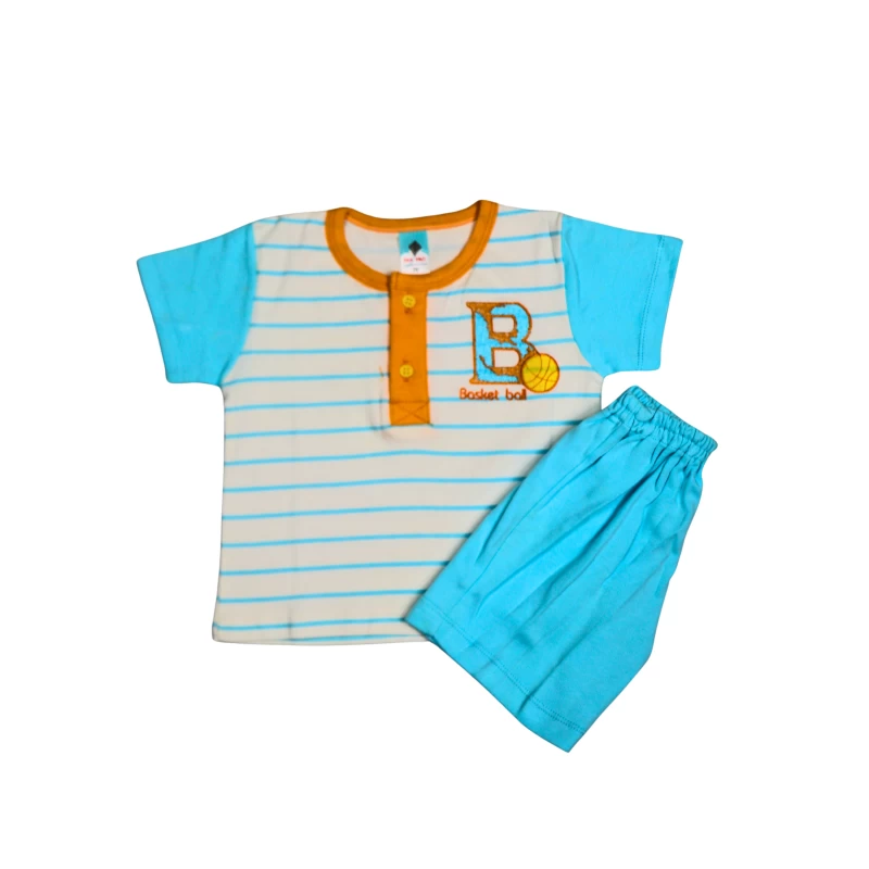Striped Navy & White Kids T-Shirt & Navy Shorts Set with Basketball Patch