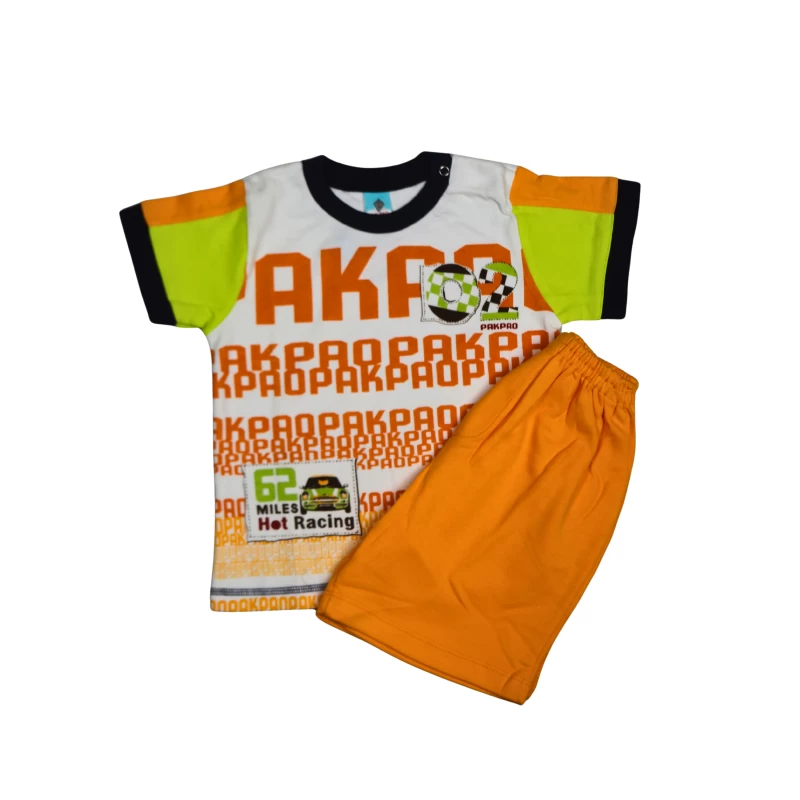 Bright Orange & White Racing Set for Kids – Colorful T-Shirt & Shorts Outfit, 62 Miles Hot Racing Theme